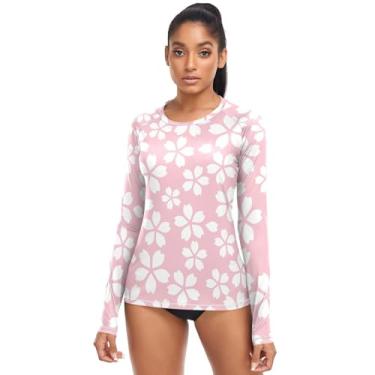 Imagem de KLL Camiseta feminina de natação Rash Guard da Flower White Pink com secagem rápida FPS 50+, Flor, branco, rosa, P