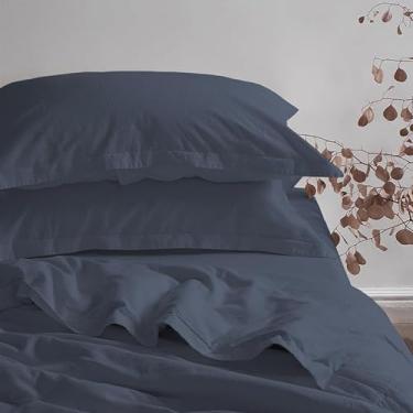 Imagem de Pizuna Fronha Algodão Azul Marinho, 400 fios de algodão 100% sateen de fibra longa fronhas 50x70 cm com aba elegante de 5 cm - 2 pecas