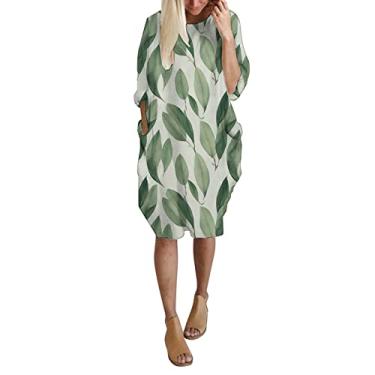 Imagem de Vestido túnica de manga longa curta tamanho grande plus size vestido de camiseta midi largo com bolsos para vestido de manga comprida frente única, Verde, XXG