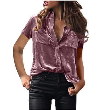 Imagem de Camisetas femininas gola alta de veludo camiseta feminina manga curta cardigã outono inverno 2024, R-146 Roxo, GG