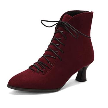 Imagem de YUE Bota feminina com cadarço primavera outono inverno botas curtas salto médio bota tornozelo, Borgonha, 36