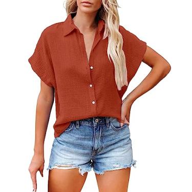Imagem de Camisetas femininas de verão 2024 casuais de manga curta com botões, blusas lisas de algodão de verão com bolsos, Ofertas relâmpago marrom, G