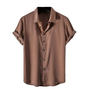 Imagem de OYOANGLE Camisa social masculina de seda manga curta cetim verão lisa abotoada, Marrom, GG