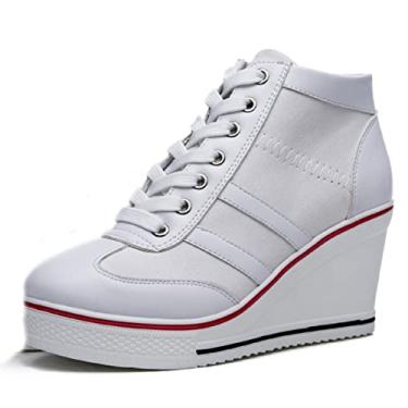 Imagem de ALLINNINE Tênis feminino de salto alto moderno de lona cano alto com cadarço borda cunha zíper inclinado sapatos tamanho 4-11, B Todo branco, 34