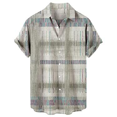 Imagem de ZHONKUI Camisetas masculinas casuais, elegantes, xadrez, patchwork, manga curta, abotoadas, sem bolso, Cinza, GG