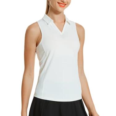 Imagem de HODOSPORTS Camisas polo femininas de golfe sem mangas com gola V, secagem rápida, costas nadador, Branco, PP