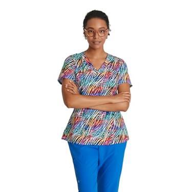 Imagem de BARCO Uma blusa de uniforme médico estampada para mulheres - blusa médica com decote em V, tecido ecológico, camiseta feminina elástica em 4 direções, Zebra elétrica, XXG