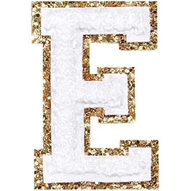 Imagem de 3 Pçs Chenille Letter Patches Ferro em Patches Glitter Varsity Letter Patches Bordado Borda Dourada Costurar em Patches para Vestuário Chapéu Bolsa de Camisa (Branco, E)
