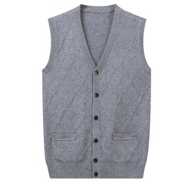 Imagem de Cardigã masculino sem mangas gola V malha colete botão losango casual vestido suéter térmico, Cinza, XG