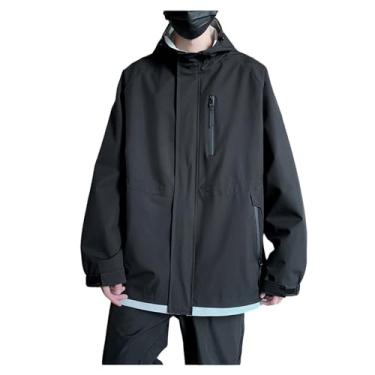 Imagem de Jaqueta masculina leve corta-vento Rip Stop cor sólida capa de chuva casaco com zíper bolsos jaqueta, Preto, 4G