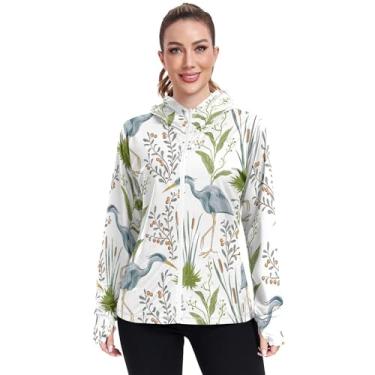 Imagem de JUNZAN Moletom feminino leve com capuz Heron Bird Swamp Plants FPS 50+ com furos para polegar, camiseta refrescante para mulheres, P, Plantas de pântano pássaro garça, M