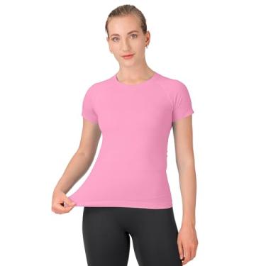 Imagem de MathCat Camisetas de treino para mulheres, blusas de treino femininas de manga curta, camisetas de ioga para mulheres, camisetas de ginástica atléticas respiráveis, Rosa (Bublle Pink), P