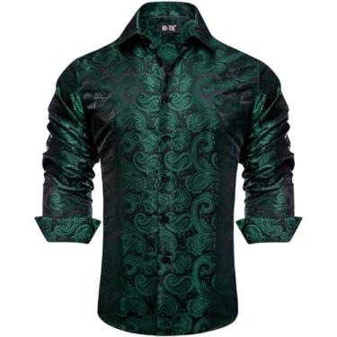 Imagem de Hi-Tie Camisas sociais masculinas de seda jacquard manga longa casual abotoada formal casamento camisa de festa de negócios, Paisley verde preto 1, 3G