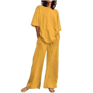 Imagem de Conjunto de duas peças de linho feminino casual de verão plus size, camisas de manga curta, tops grandes, algodão, pernas largas, conjunto de roupa de descanso, Zb1-amarelo, 5X-Large