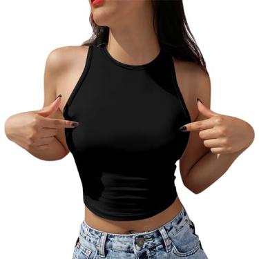 Imagem de PKDong Halter Tops para mulheres, sexy, sem mangas, gola única, colete de treino, camiseta de verão, regata cropped, Preto, G