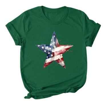Imagem de Camisetas femininas de 4 de julho com estampa de listras de estrelas com bandeira dos EUA jeans feminina bandeira dos EUA camiseta de verão, Verde, P