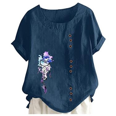 Imagem de Blusa feminina de algodão misto de linho, manga curta, gola redonda, blusa casual de verão, com botões, ajuste solto, camisetas estampadas, Azul-marinho, XG