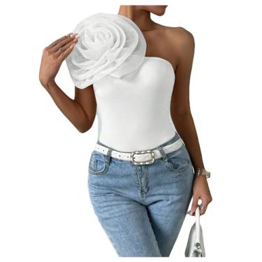 Imagem de BEAUDRM Camiseta feminina 3D floral de um ombro só, malha contrastante, gola assimétrica, sem mangas, ajuste regular, casual, festa, Branco, M