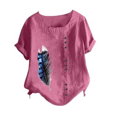Imagem de Camisetas femininas de linho, gola redonda, plus size, manga curta, mistura de algodão, camisetas com botões, Rosa choque, M