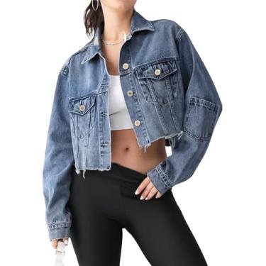 Imagem de Jaqueta jeans feminina manga comprida cropped jaqueta jeans desgastada rasgada casual, C - azul, M