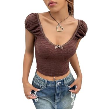 Imagem de SHENHE Camiseta feminina casual com laço na frente, manga bufante, gola redonda, corte slim fit, malha Y2K, Marrom chocolate, P