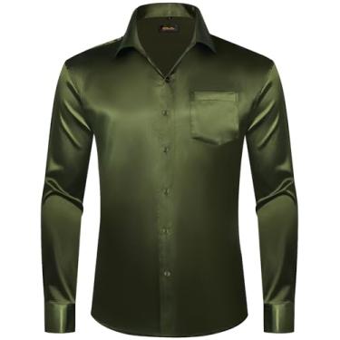 Imagem de DiBanGu Camisa social masculina manga longa cetim liso ajuste regular casual camisa de botão para festa de casamento formal, Cetim verde-escuro, M