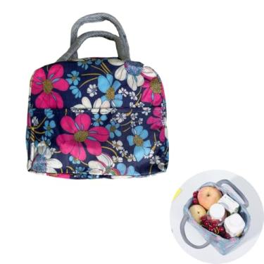 Imagem de Bolsa Sacola Térmica Lancheira Com Alça Marmita Reutilizável Impermeável Viagem Academia Passeios Trabalho Feminina Masculina (Azul com flores)