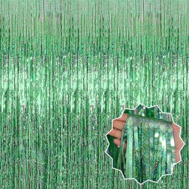 Imagem de Pacote com 3 cortinas de franja de folha verde claro de 8,28 x 2,5 m, cenário de cortinas de estanho metálico para cabine de fotos, aniversário, formatura, despedida de solteira, evento de celebração