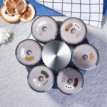 Imagem de Kit 6 Porta Tempero Condimento Vidro Suporte Giratório Inox - PORTA TE