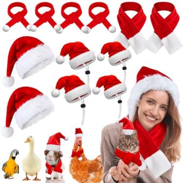 Imagem de Weewooday Conjunto de 12 lenços de chapéu de galinha para animais de estimação de Natal, para adultos, mini chapéu de Papai Noel, infantil, cachecol de animal pequeno com alça de queixo ajustável para
