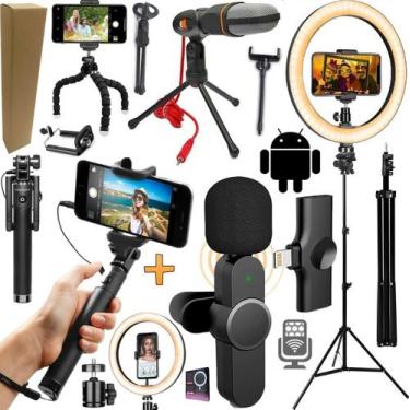 Imagem de Tripé Pedestal + Microfone Sem Fio Gravação de Vídeo Smartphone Tipo C