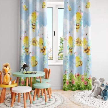 Imagem de Cortina Tecido Oxford Quarto Infantil Abelinhas Felizes Aquarela - 280