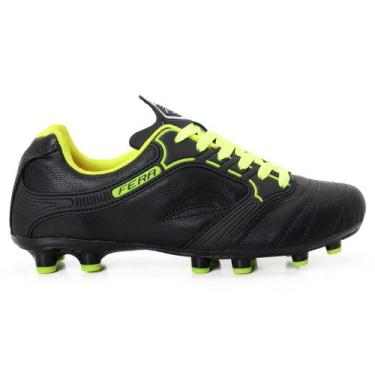 Imagem de Chuteira Couro Legitimo Campo Gramado Trava Preto Amarelo Limão Sola C