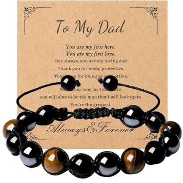 Imagem de MAIBAOTA Pulseira masculina presente para namorado/pai/filho/avô/tio/irmão/marido dia dos pais ideias de presentes de aniversário para homens ajustável 10 mm olho de tigre preto com contas obsidiana,