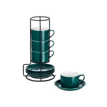 Imagem de Meichu Conjunto de 4 xícaras empilháveis de café expresso de porcelana com pires e suporte de metal, conjunto de 4 xícaras de cappuccino empilháveis, conjunto de xícaras expresso verdes para café
