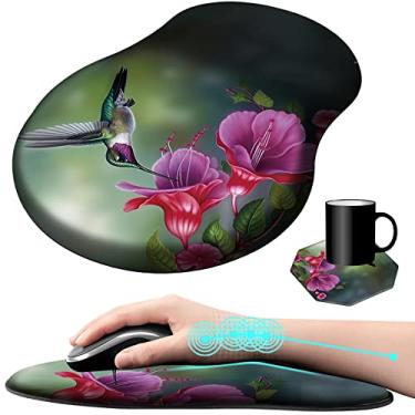 Imagem de Mouse pad com suporte de pulso gel beija-flor design ergonômico para jogos com descanso de pulso para laptop, computador, escritório, trabalho, mouse pad + uma linda almofada de café