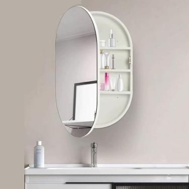 Imagem de Armário de banheiro, armário de remédios oval com espelho, armário de remédios de banheiro com armazenamento, armário de remédios moderno, espelho de parede para banheiro, sala de estar, branco
