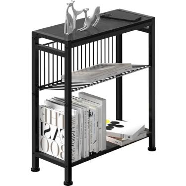 Imagem de Mesa lateral para espaços pequenos, mesa de canto estreita com suporte de revista, mesa lateral fina 2 em 1, mesa de cabeceira fina para sala de estar, quarto, mesa lateral fina, preta
