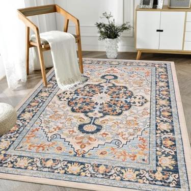 Imagem de U'Artlines Boho Vintage Tapete de área 7,5 x 12,5 cm lavável à máquina Tapete macio antiderrapante antiderrapante para sala de estar, quarto, entrada, sala de jantar, escritório, laranja, azul