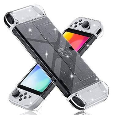 Imagem de [Versão melhorada] Capa transparente encaixável para Nintendo Switch OLED 2021, capa protetora FANPL para Switch OLED e controle Joy Con - forte e durável, não é fácil de cair (glitter)