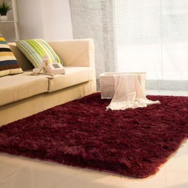 Imagem de Tapete sedoso e fofo, decoração moderna para casa, tapete longo de pelúcia felpudo, tapetes de brincar, sofá, sala de estar, quarto, cabeceira, tapetes de varanda, vinho tinto, 80 x 160 cm (31,5
