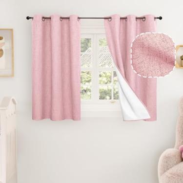 Imagem de Cortinas blackout de linho rosa bebê para berçário de 102 cm de comprimento, 2 painéis, cortinas curtas com isolamento térmico, boho, total blackout, redução de ruído, pequenas cortinas de janela para