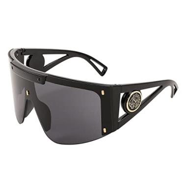 Imagem de FEISEDY Óculos de sol de uma peça grande para homens e mulheres, óculos escuros grandes para ciclismo, dirigir, férias B4027, Armação preta e lente cinza, 75mm