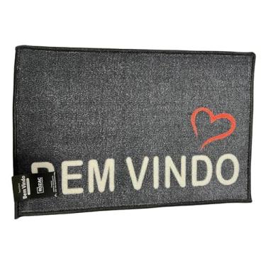 Imagem de Tapete Felpudo Antiderrapante Bem Vindo, 40x60cm, Cinza com Cora��o Vermelho