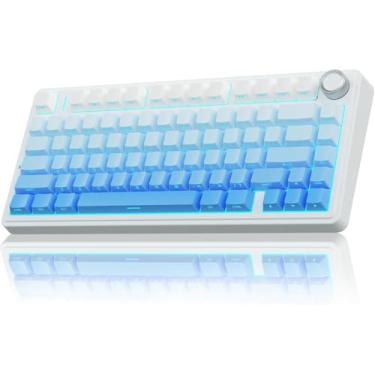 Imagem de Teclado mecânico sem fio, 75% teclado mecânico RGB de 2,4 GHz/USB-C/BT5.0, teclado Gamer intercambiável a quente com interruptores pré-lubrificados e teclas PBT-Azul Claro