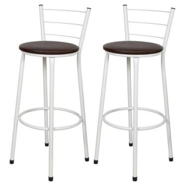 Imagem de Jogo 2 Banqueta Alta Para Cozinha Branca Epoxi Assento Marrom - Lamar 