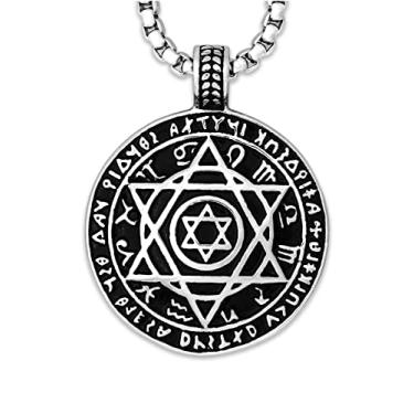 Imagem de HAQUIL Seal of Solomon Necklace (Colar do Selo de Salomão), aço inoxidável banhado a prata, 12 constelações, hexagrama, estrela de Davi de seis pontas, pingente de amuleto de proteção, talismã, corrente de caixa, presente de joalheria judaica