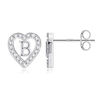 Imagem de Brincos de coração com inicial para meninas, banhado a ouro real 14K 925 prata esterlina haste zircônia cúbica brincos de coração hipoalergênicos para meninas meninas crianças, Metal, Zircônia cúbica