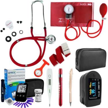 Imagem de Kit Enfermagem Completo Estetoscópio Esfigmomanômetro Oximetro Glicose