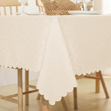 Imagem de Qubjus Toalha de mesa retangular jacquard de alta peso, à prova d'água, à prova de óleo, com capa de mesa de renda para mesa de jantar, 152 x 264 cm, champanhe
